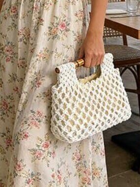 Neiman Marcus White Straw Woven Mesh Handbag Bamboo Handbag